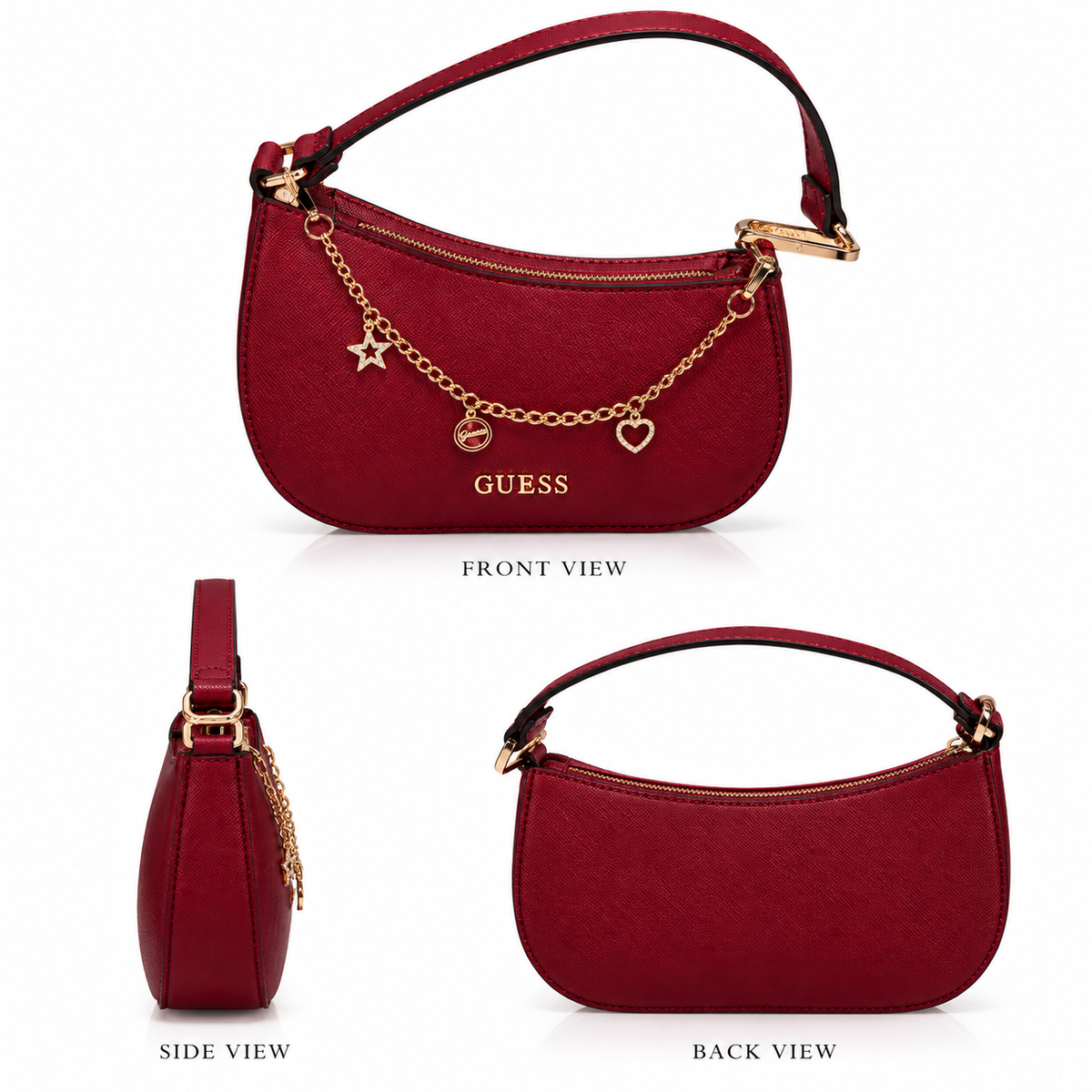 A burgundy GUESS crescent-shaped shoulder bag shown in three views: front, side, and back. The bag features a textured finish, a gold-tone chain with star and heart charms, and the GUESS logo on the front.