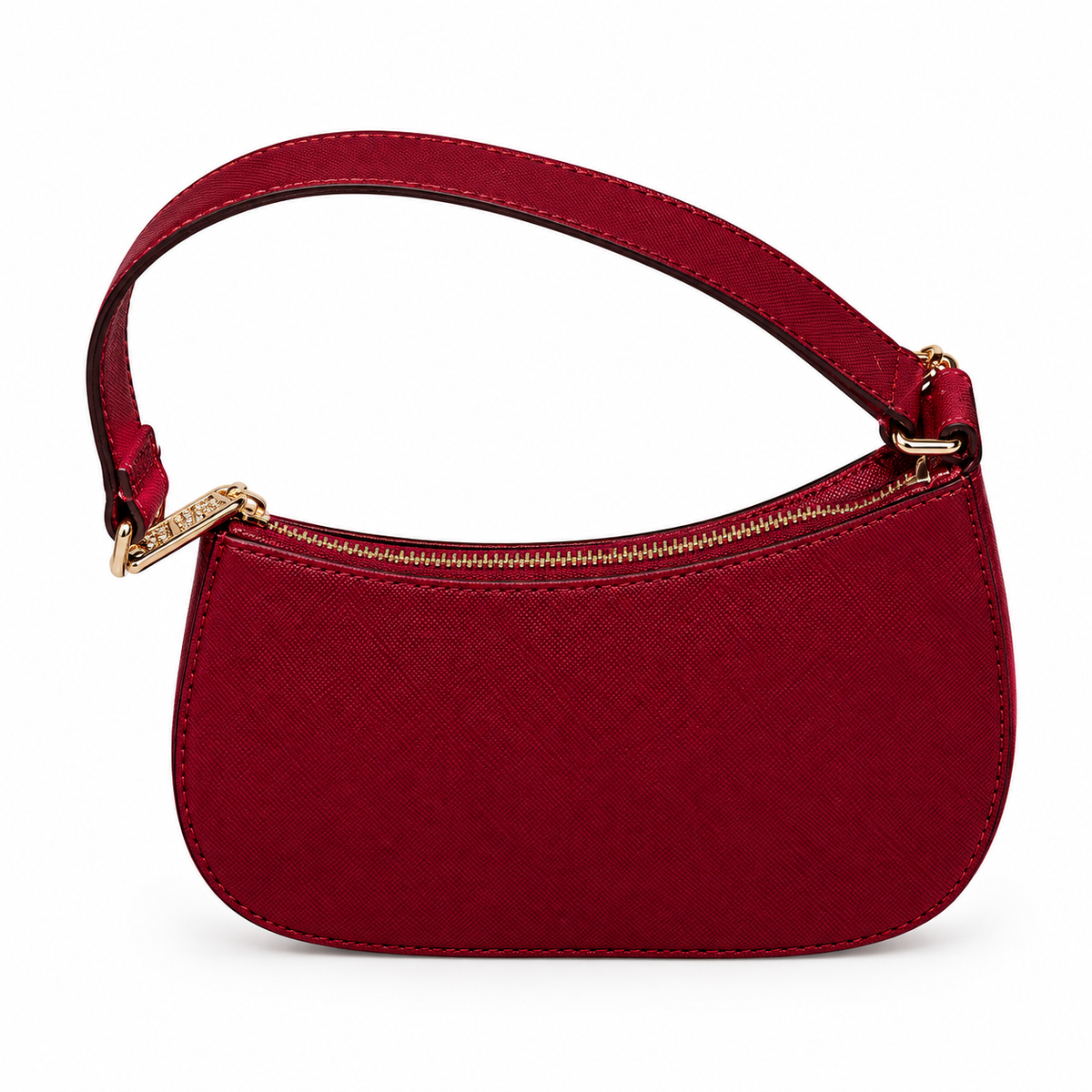 A red textured leather shoulder bag with a gold-tone zipper and hardware, shown on a clean white background.