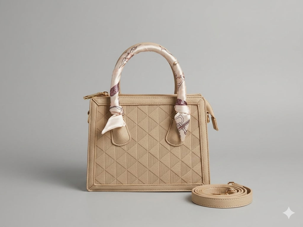 Beige handbag with a matching strap on a gray background