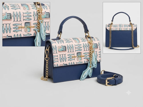 Blue handbag with patterned flap and gold chain strap on a light gray background