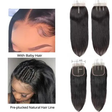 Four black hair extension pieces with lace fronts are shown on a white background, alongside two inset photos demonstrating the hair on a model: one labeled 'With Baby Hair' and one labeled 'Pre-plucked Natural Hair Line'.