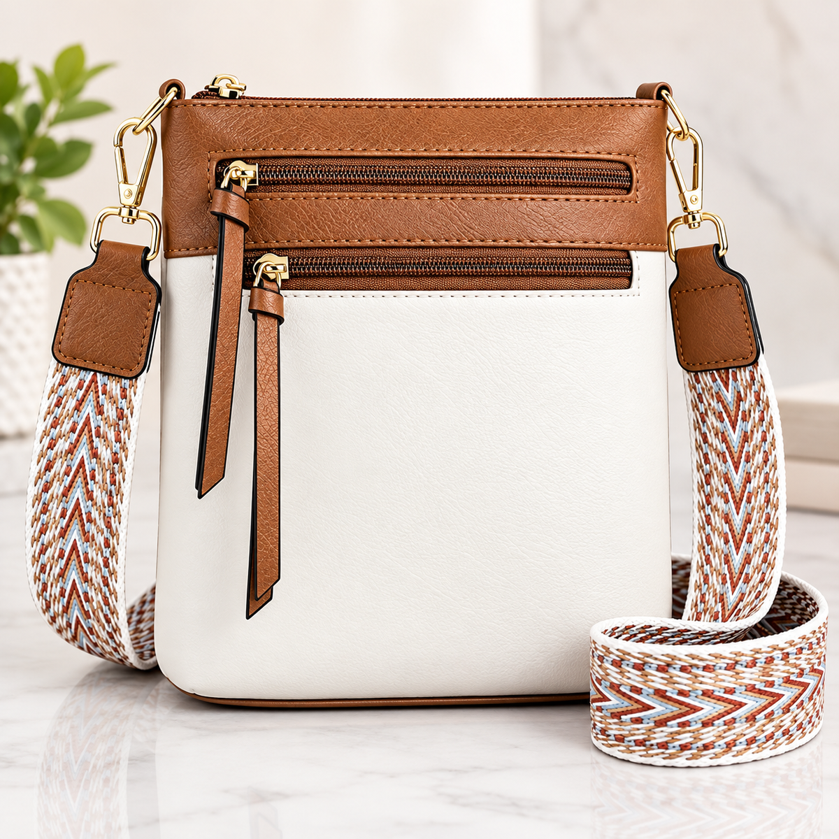 A structured crossbody bag with a white front body, tan leather top panel and trim, and a wide woven strap in white, tan, and rust tones. The bag has two zippered compartments on the top and is photographed on a light marble-like surface with a softly blurred indoor background.