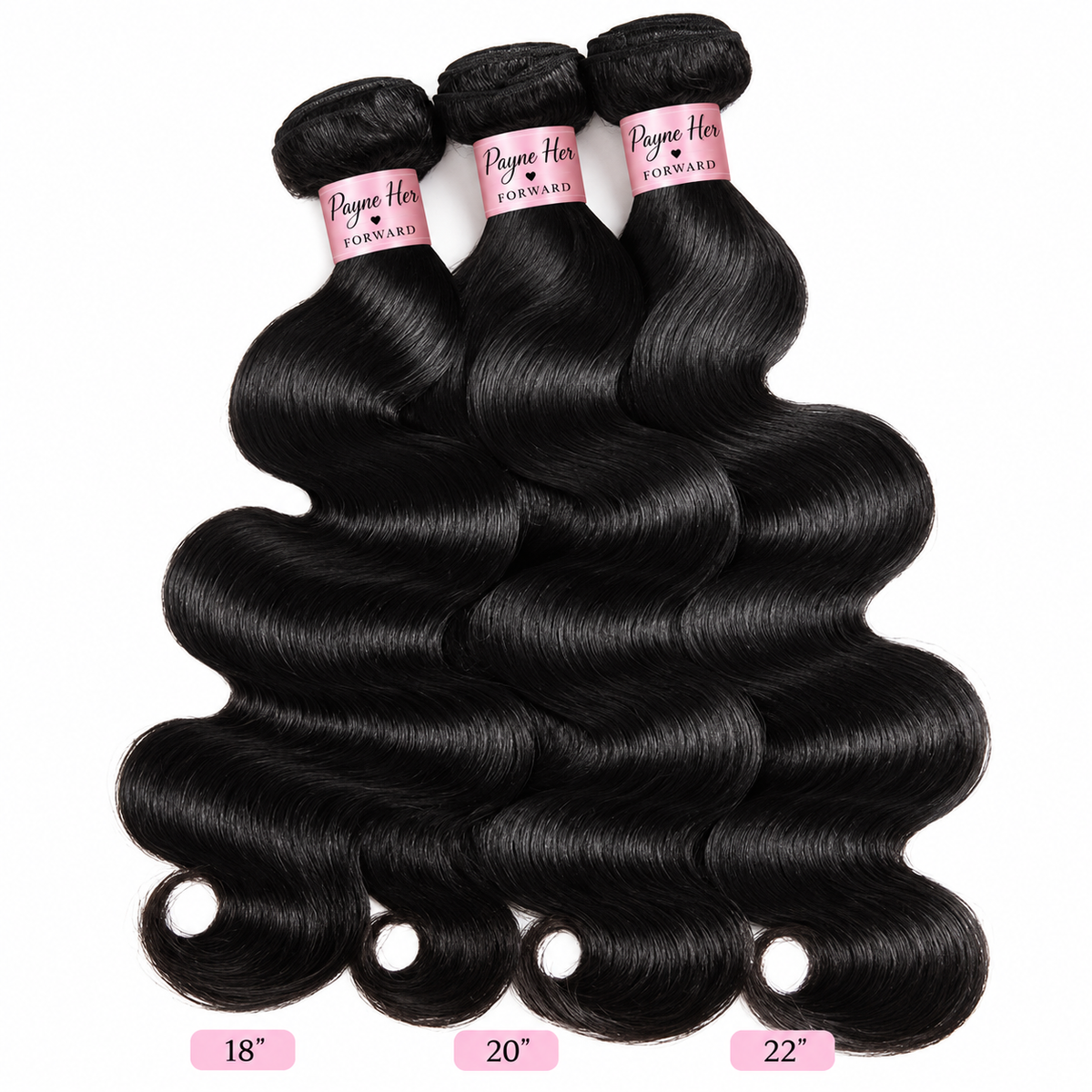 Three bundles of black body wave hair extensions displayed against a white background, with pink labels at the bottom indicating lengths 18 inches, 20 inches, and 22 inches. The brand 'Payne Hair' is visible on the hair bands.