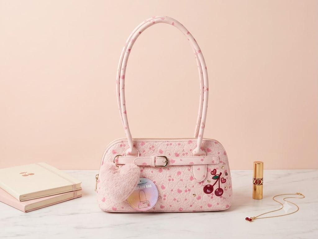Pink handbag with cherry design on a light pink background