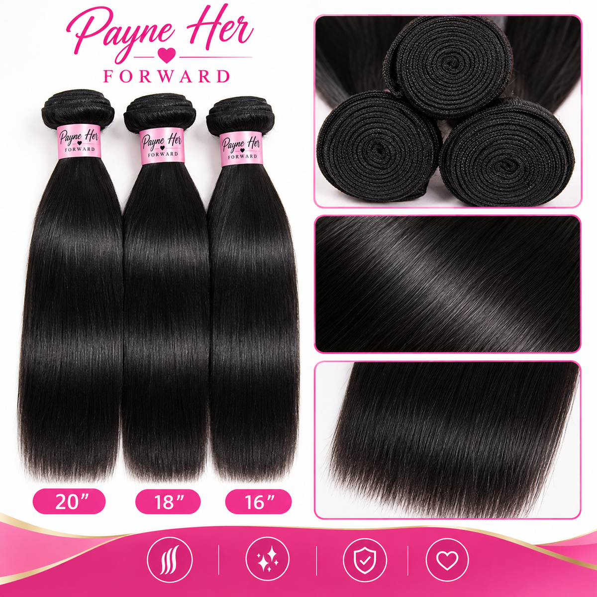 Three bundles of Payne Her FORWARD straight black hair extensions shown on a white background with pink branding, plus three inset close-ups of the hair texture and length options labeled 20 inches, 18 inches, and 16 inches.