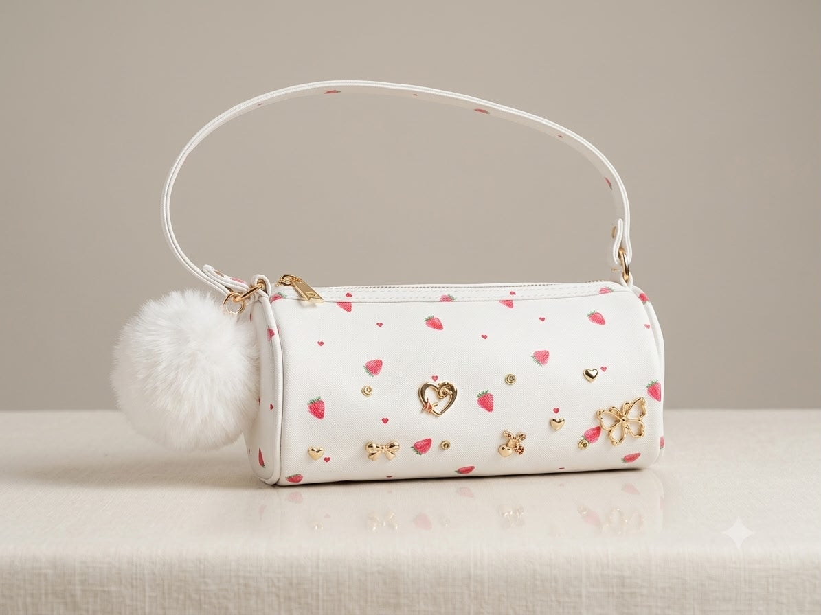 White handbag with decorative patterns on a beige surface