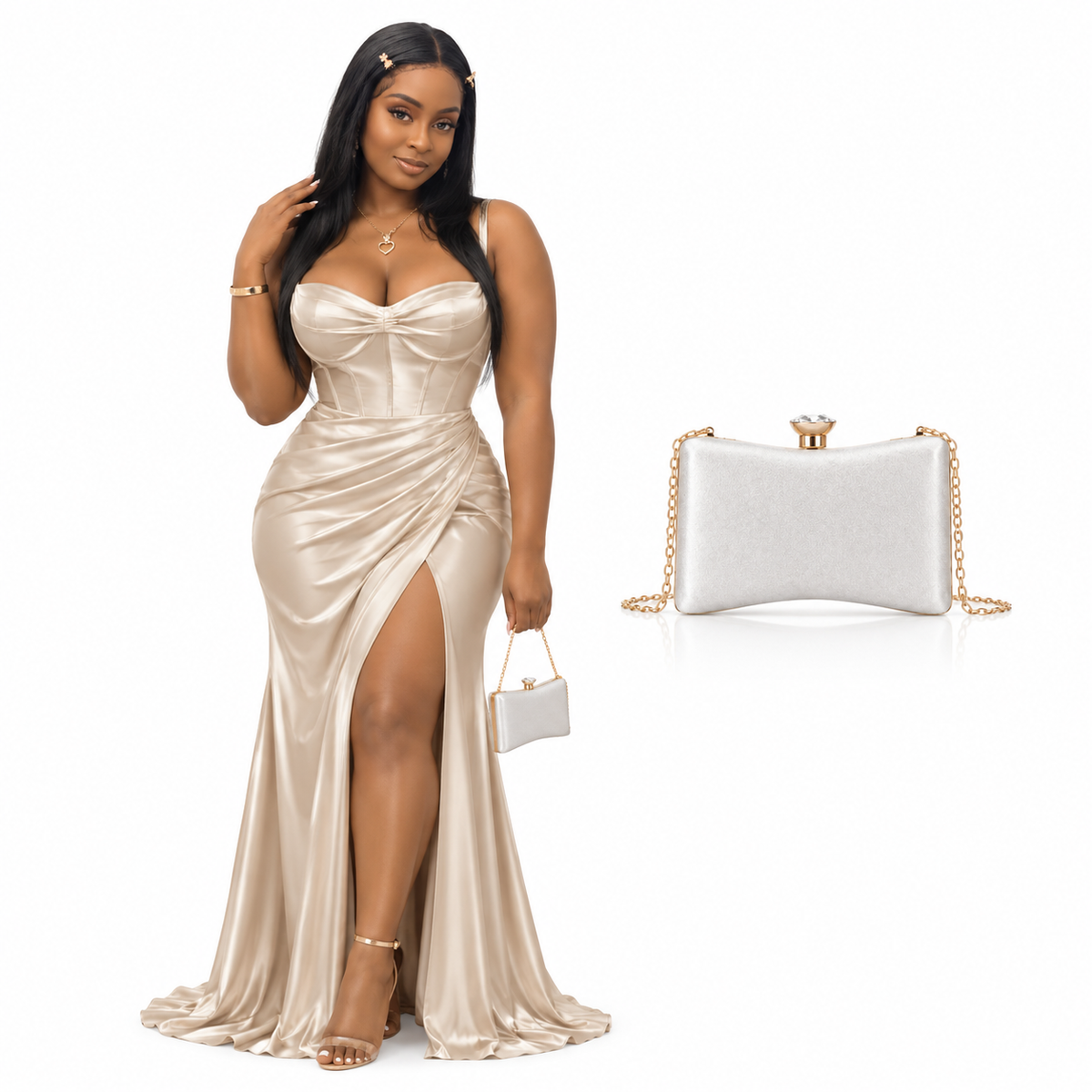 A woman modeling a champagne satin strapless gown with a high thigh slit, shown beside a matching metallic clutch bag with a gold chain strap on a white background.