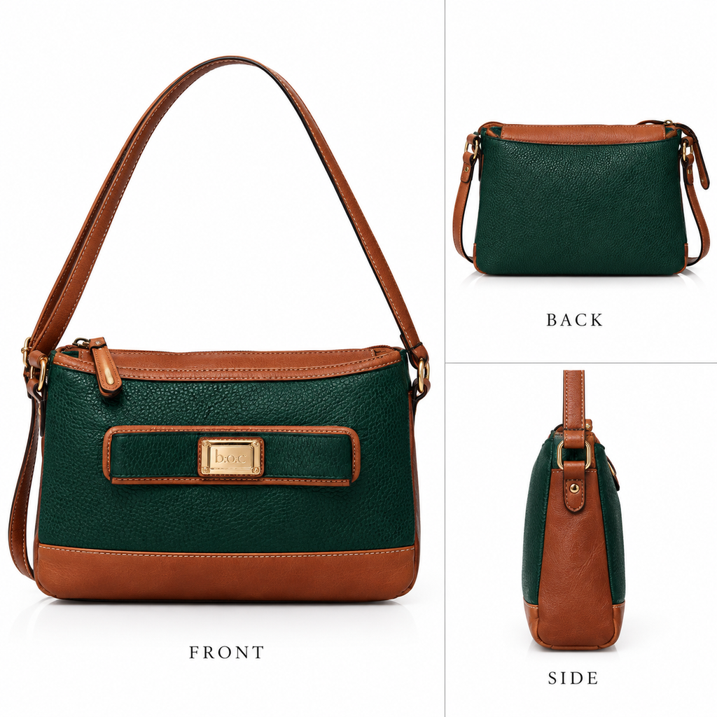 A two-tone handbag shown in three views: a large front view, a smaller back view, and a side profile. The bag has a dark green pebbled leather upper and bottom, with tan brown leather trim and strap.