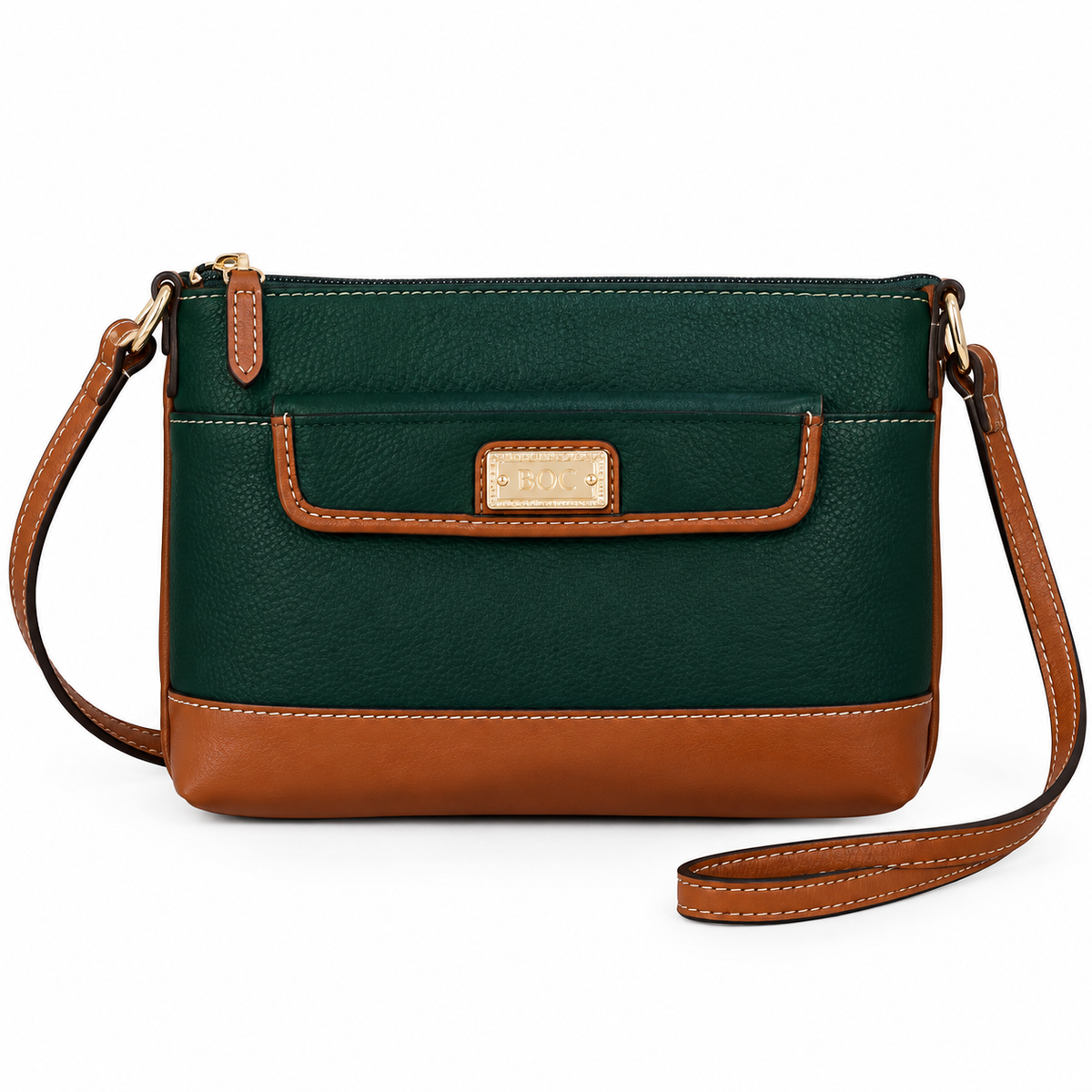 A green and brown leather crossbody bag with a front pocket and a gold-tone 'FROCK' logo plaque, shown on a white background.