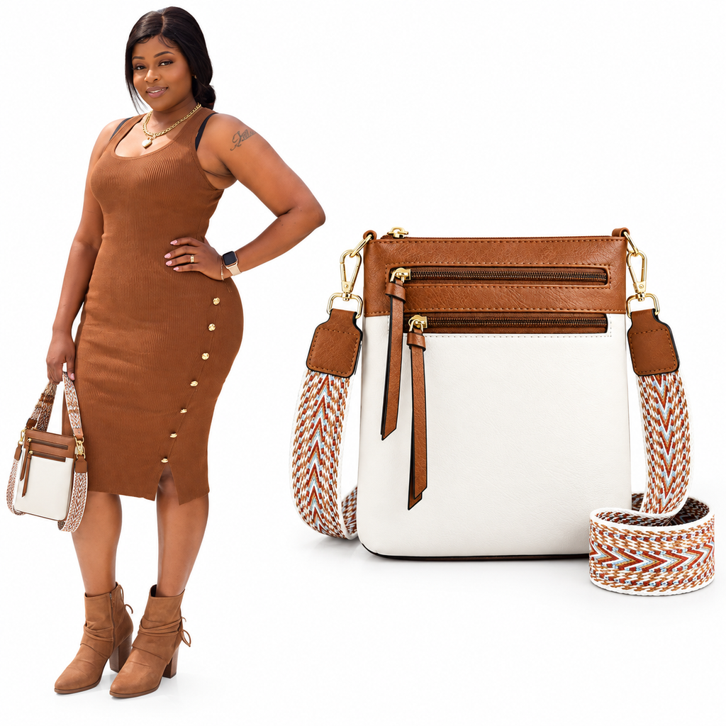 A woman in a brown sleeveless dress and tan ankle boots stands beside a white and brown crossbody bag with a braided multicolor shoulder strap, shown on a clean white background.